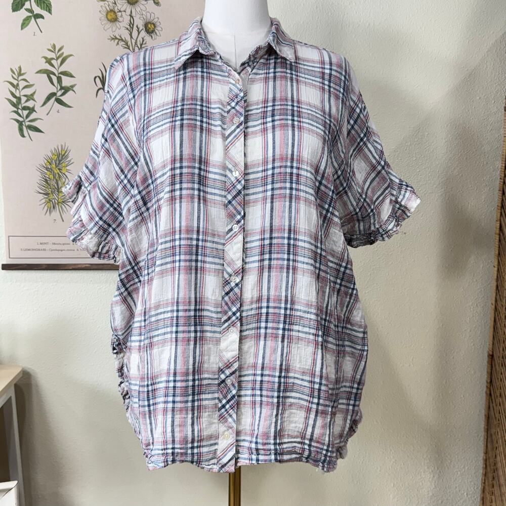 Plaid Oversized Boxy Ruffle Sleeve Button Up Top Americana Grunge Coastal Boho M